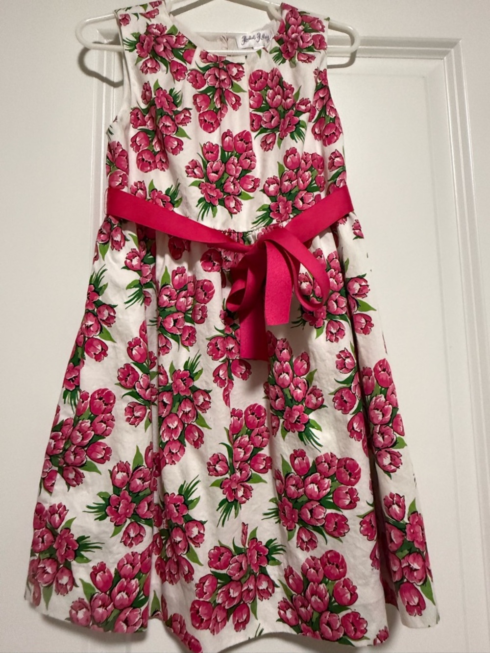 Rachel Riley Dress with Pink tulip bouquet Print and sash